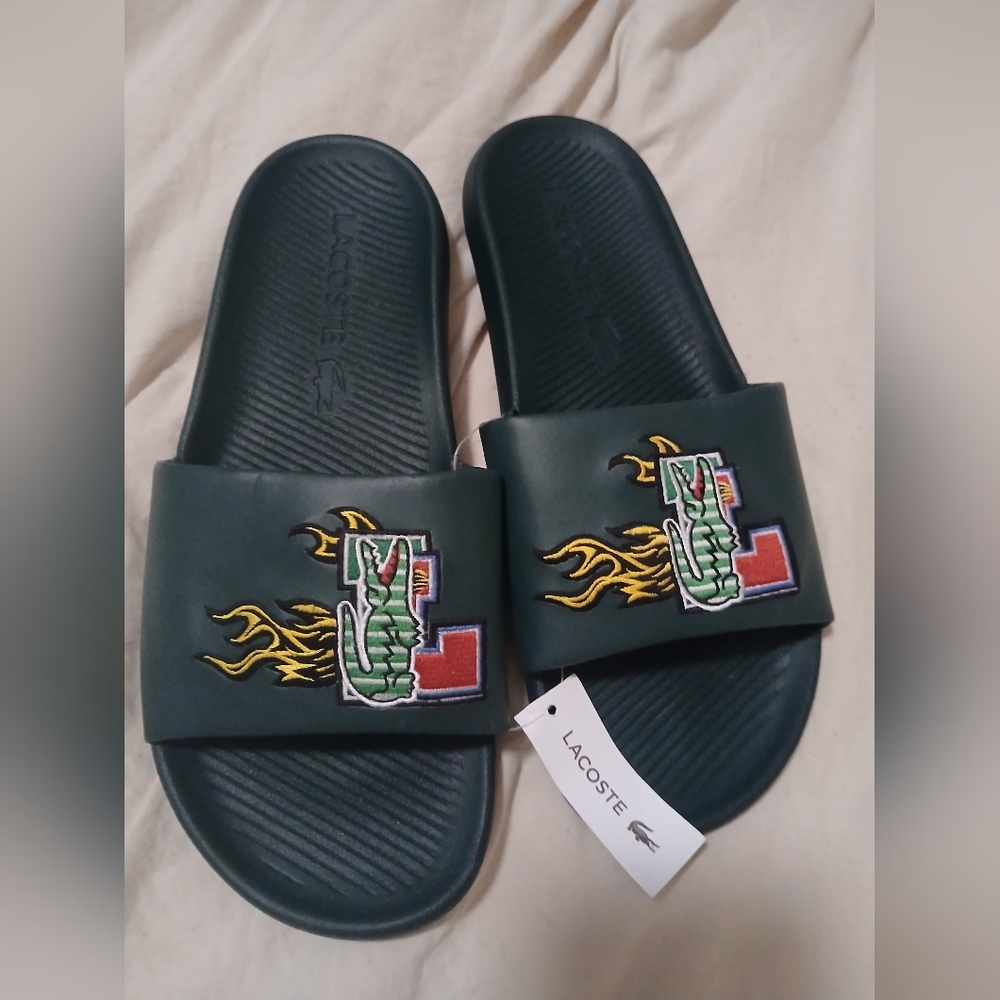 Lacoste Dark Green Slide Sandals with Logo Patch